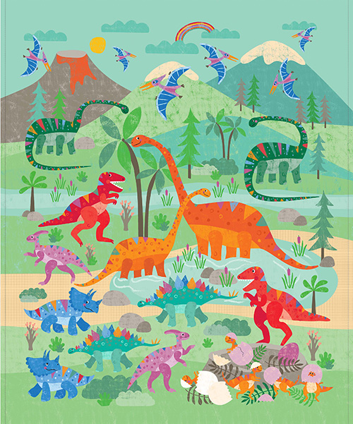 Rainbow Dino  By Liza Lewis  For Michael Miller - Panel -  Teal