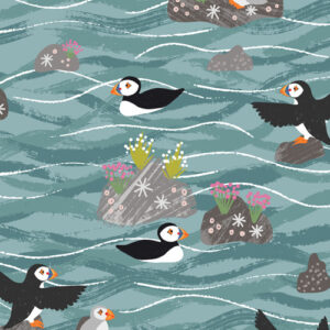 Puffin Bay By Lewis & Irene - Puffins On Rocks Sea Blue