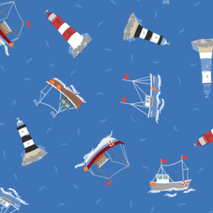 Small Things - Coastal By Lewis & Irene - Boats & Lighthouses On Bright Blue