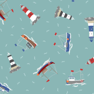 Small Things - Coastal By Lewis & Irene - Boats & Lighthouses On Sea Green