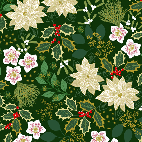 Yuletide By Lewis & Irene - Festive Floral On Green With Gold Metallic