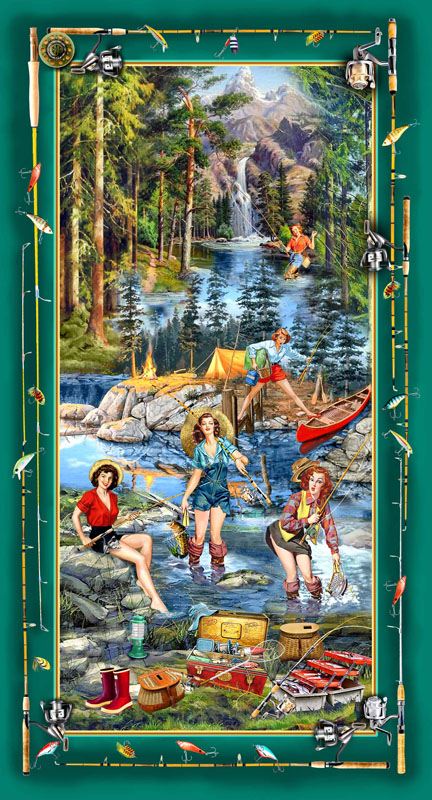 Girls Gone Fishing By Michael Miller -  24" Panel - Forest